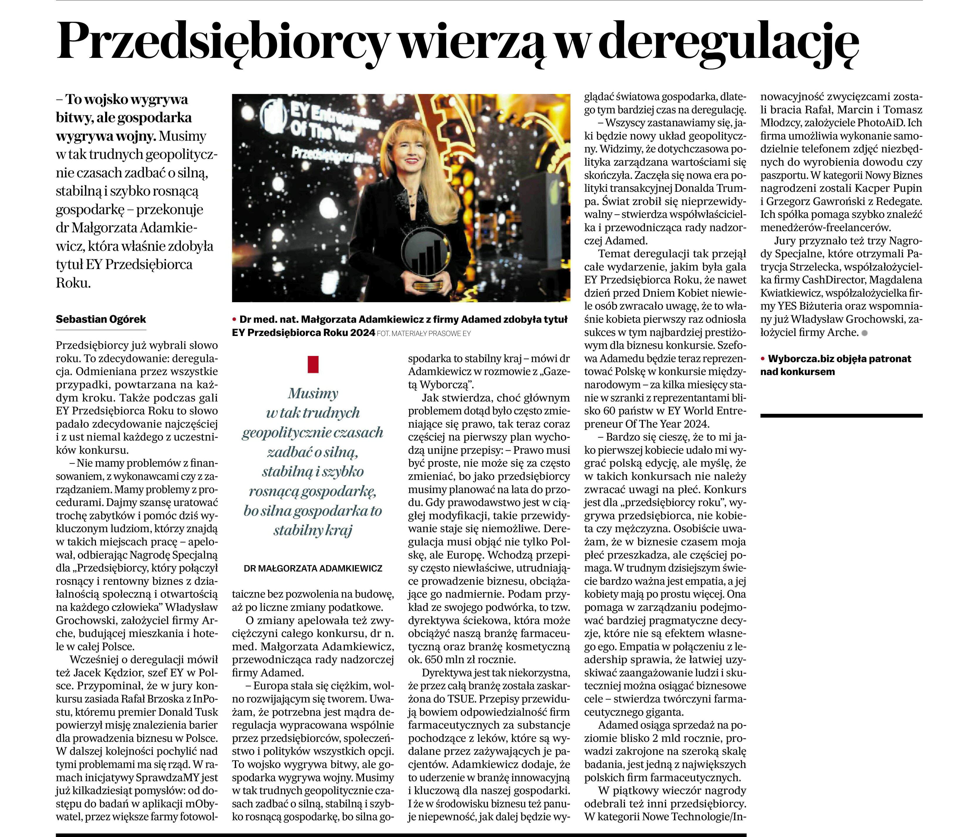 Gazeta Wyborcza „Przedsiębiorcy wierzą w deregulację”
